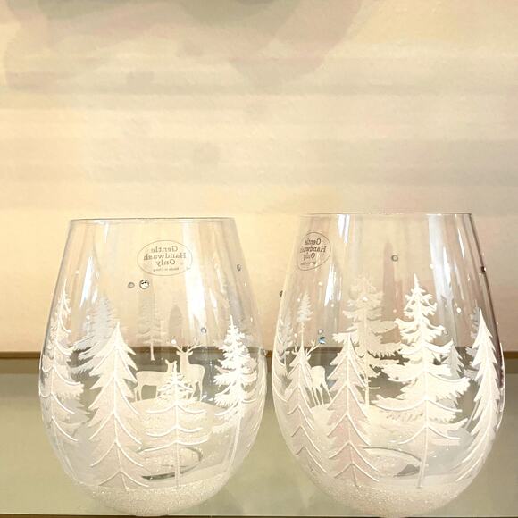 Set of 2 Stemless Wine Glasses Hand Painted White Christmas Trees Snow New - Picture 8 of 12